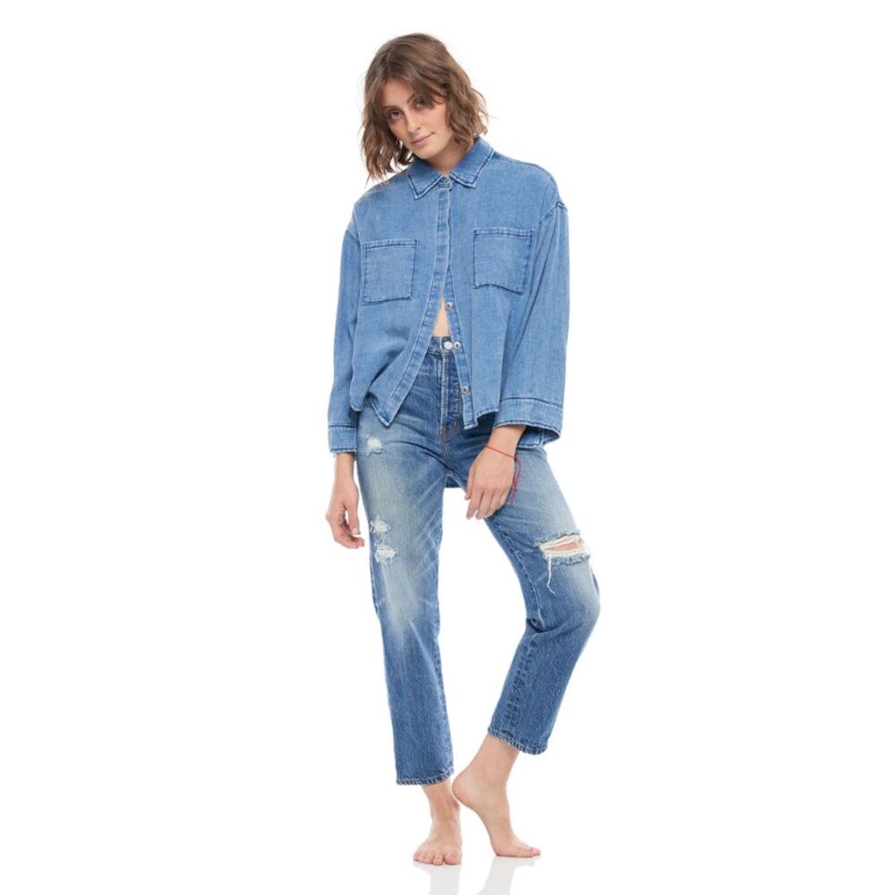 Free People Women Straight Leg Distressed Blue Jeans